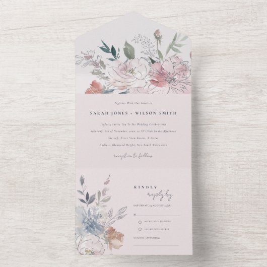 Elegant chique blush Waterverf bloemenbruiloft All In One Uitnodiging (Binnen)