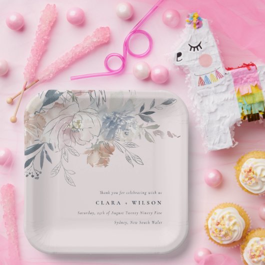 Elegant chique blush Waterverf bloemenbruiloft Papieren Bordje (Feest)