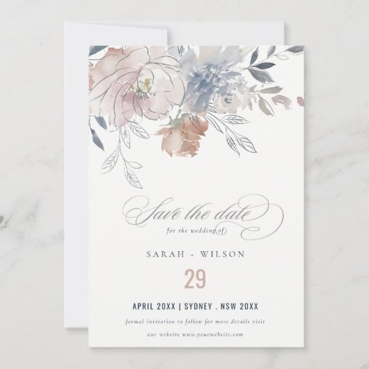 Elegant chique blush Waterverf bloemenbruiloft Save The Date (Voorkant)