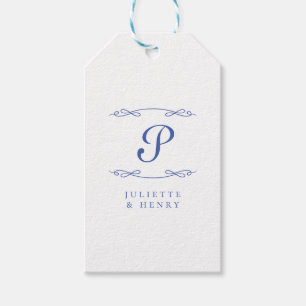 Elegant chique Frans blauw Initiaal bruiloft Cadeaulabel