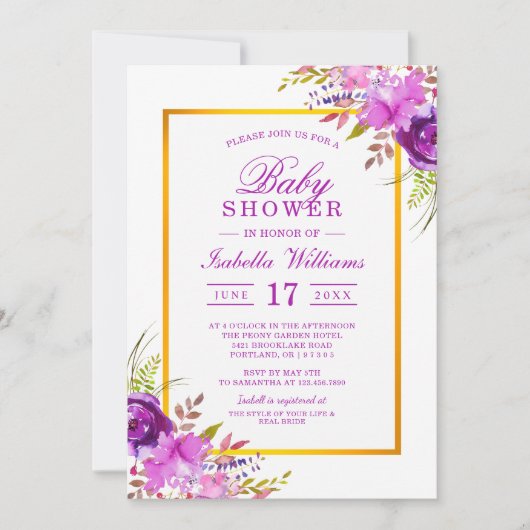 Elegant chique gouden Paarse bloemige Baby shower Kaart (Voorkant)