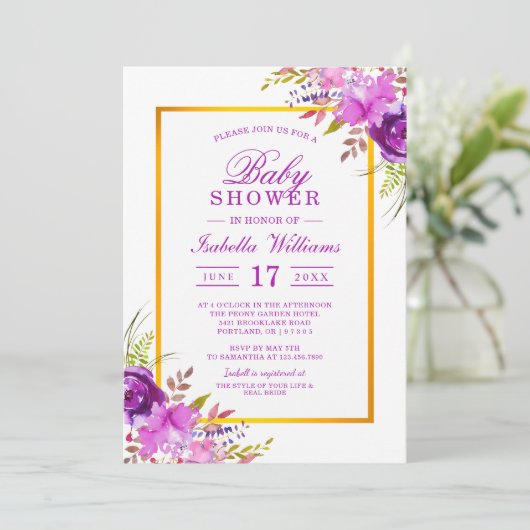 Elegant chique gouden Paarse bloemige Baby shower Kaart (Staand voorkant)