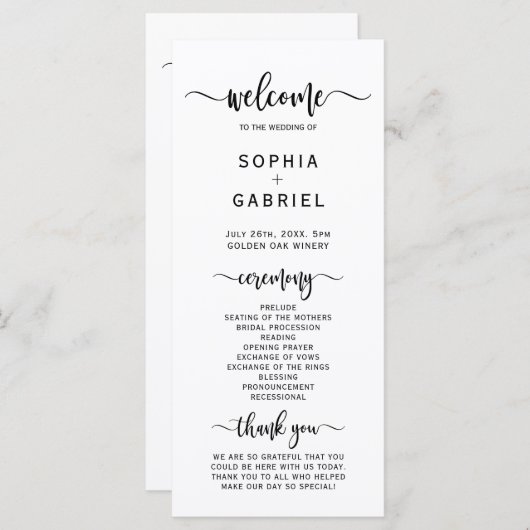 Elegant chique kalligrafie script bruiloft ceremon programma (Voorkant / Achterkant)
