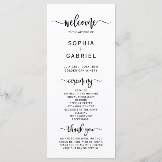 Elegant chique kalligrafie script bruiloft ceremon programma (Voorkant)