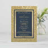 Elegant chique marine blauw goud glitter bruiloft menu (Staand voorkant)