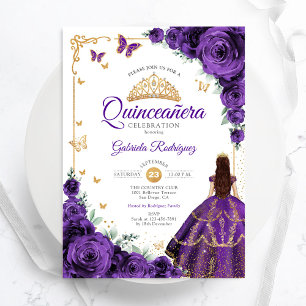 Elegant Chique Paarse Rozen Gold Quinceanera Kaart
