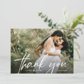 Elegant Chique Script Hart Bruiloft Foto Custom Bedankkaart (Staand voorkant)
