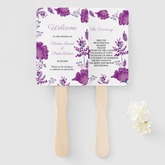 Elegant chique Waterverf Paarse bruiloft programma Handwaaier (Voorkant en achterkant)