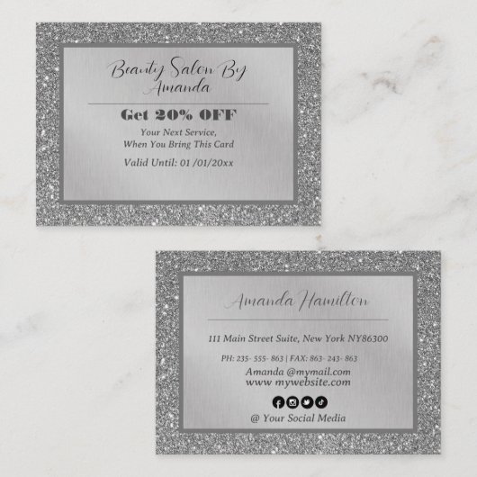 Elegant chique zilveren folie glitter glamoureuze kortingskaartje (Voorkant / Achterkant)