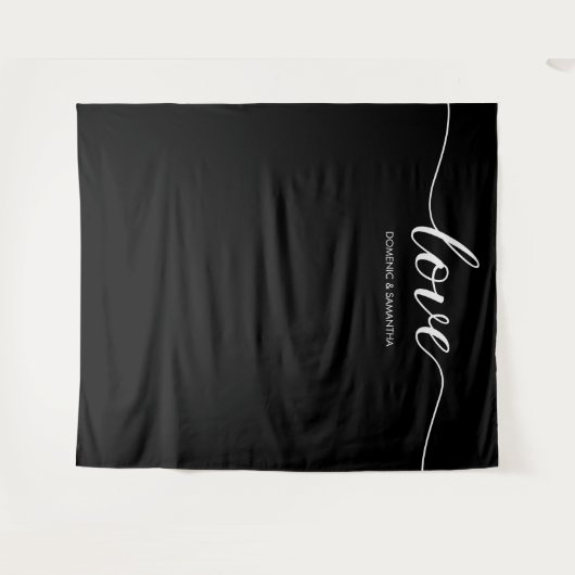 Elegant Chique Zwart Liefde Script Bruiloft achter Wandkleed (Voorkant (horizontaal))