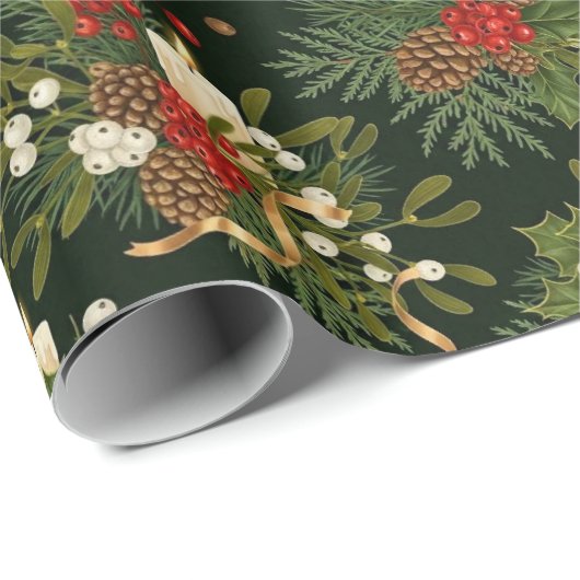 Elegant Christmas Floral Pinecone Pattern Cadeaupapier (Rol Hoek)
