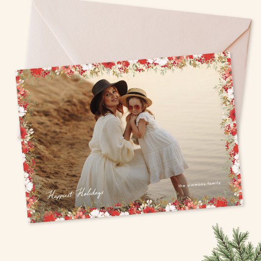 elegant christmas photo floral frame happiest feestdagenkaart