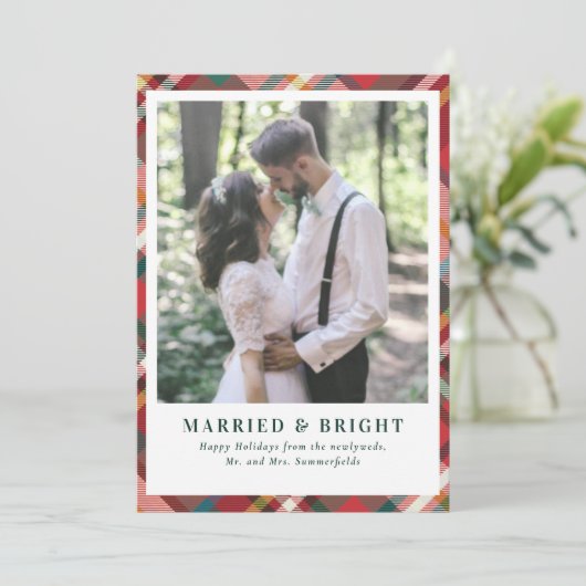 Elegant Christmas Plaid Married and Bright Photo Feestdagenkaart (Staand voorkant)