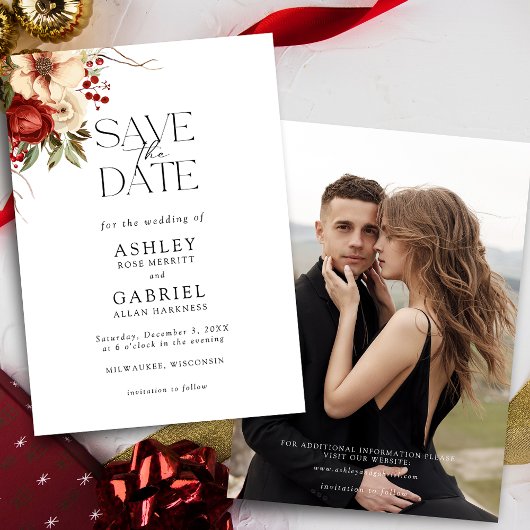 Elegant Christmas Red Damask Floral Save The Date