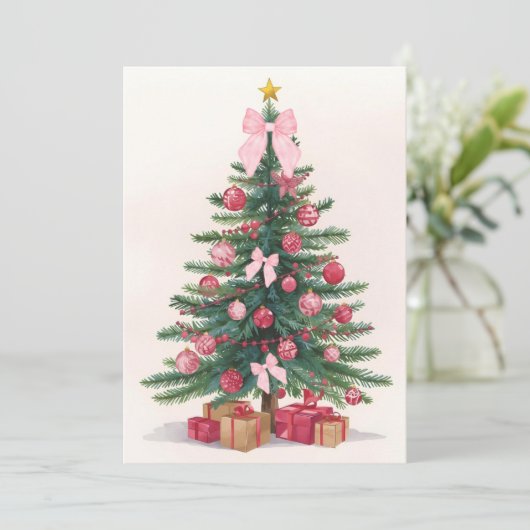 Elegant Christmas Tree with Pink Bows Holiday Card Feestdagenkaart (Staand voorkant)