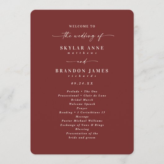 Elegant Cinnamon Red Wedding Ceremony Programme Programma (Voorkant)