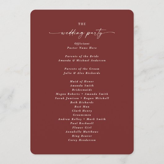 Elegant Cinnamon Red Wedding Ceremony Programme Programma (Achterkant)