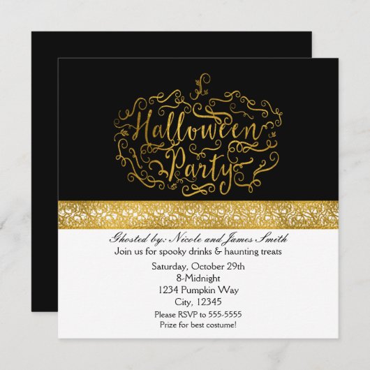 Elégant Citrouille Black White & Gold Invitations (Devant / Derrière)