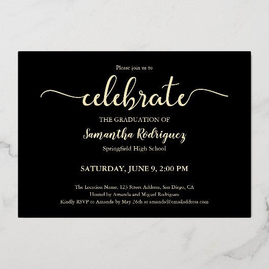 Elegant Class of Photo Black Gold Graduation Party Folie Uitnodiging (Achterkant)