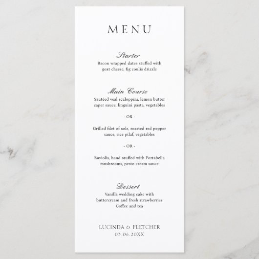 Elegant Classic Black en White Formal Wedding Menu (Voorkant)