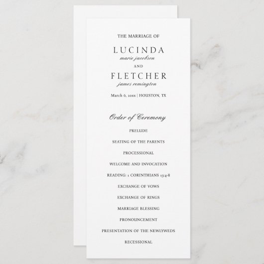 Elegant Classic Black en White Formal Wedding Programma (Voorkant / Achterkant)