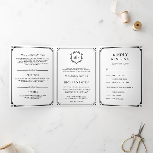 Elegant Classic Black en White Monogram Weddenscha Drieluik Uitnodiging (Binnen)