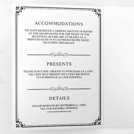 Elegant Classic Black en White Monogram Weddenscha Drieluik Uitnodiging (Binnenzijde eerst)