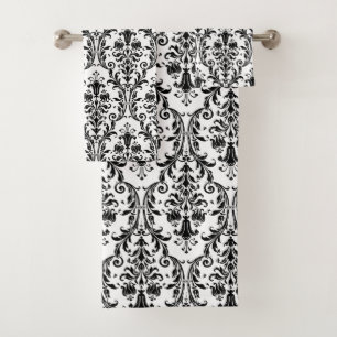 Elegant Classic Black Floral Damask on White Bad Handdoek