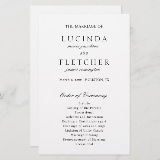 Elegant Classic Black White Formal Wedding Program (Voorkant / Achterkant)