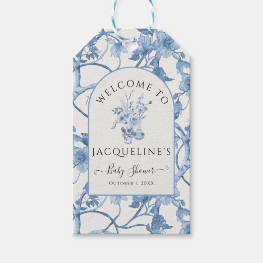 Elegant Classic Blauw Wit Chinoiserie Baby shower Cadeaulabel (Voorkant)