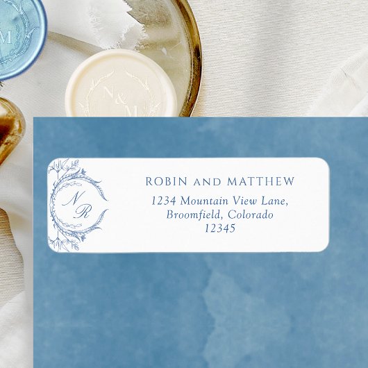 Elegant Classic, Blue Monogram Weddenschap Label