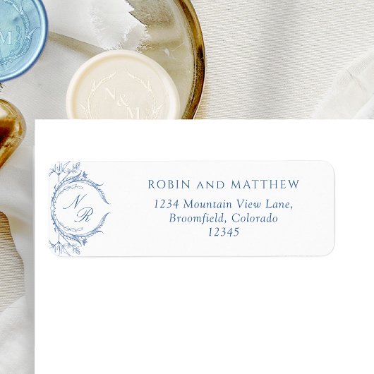 Elegant Classic, Blue Monogram Weddenschap Label