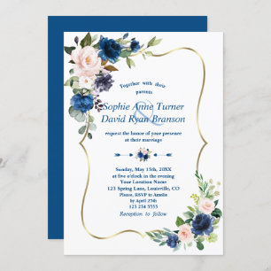 Elegant Classic Blue Pink Flowers Gold Wedding Kaart