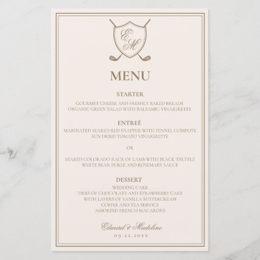 Élégant Classic Crest Monogram Golf Menu Mariage (Devant)