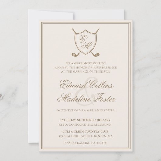 Elegant Classic Crest Monogram Golf Wedding Kaart (Voorkant)