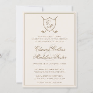 Elegant Classic Crest Monogram Golf Wedding Kaart