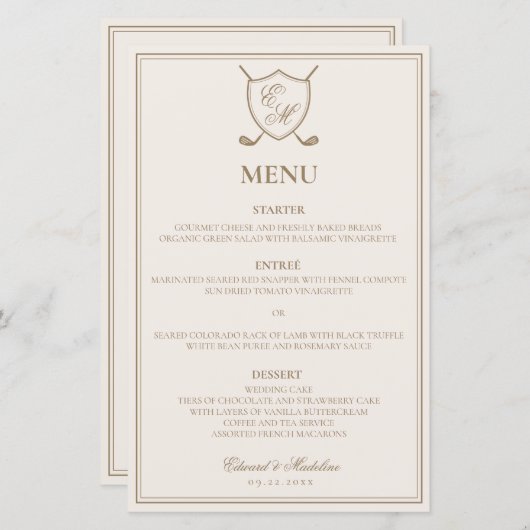 Elegant Classic Crest Monogram Golf Wedding Menu (Voorkant / Achterkant)