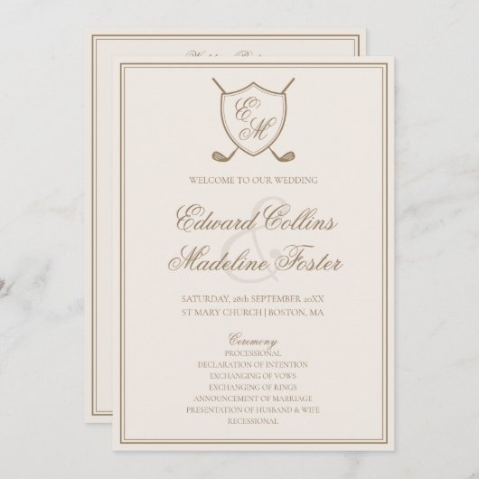 Elegant Classic Crest Monogram Golf Wedding Programma (Voorkant / Achterkant)