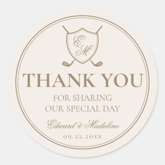 Elegant Classic Crest Monogram Golf Wedding Ronde Sticker (Voorkant)