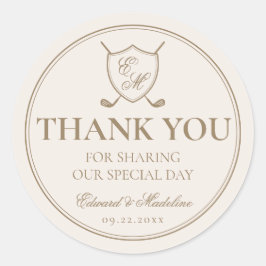 Elegant Classic Crest Monogram Golf Wedding Ronde Sticker