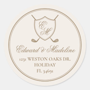 Elegant Classic Crest Monogram Golf Wedding Ronde Sticker