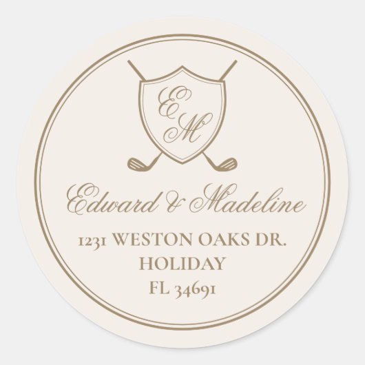 Elegant Classic Crest Monogram Golf Wedding Ronde Sticker (Voorkant)