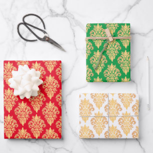 Elegant Classic Damask Pattern Red Green Gold Inpakpapier Vel