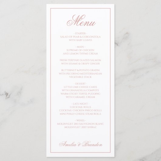 Elegant Classic Dusty Rose Border Script Wedding Menu (Voorkant)