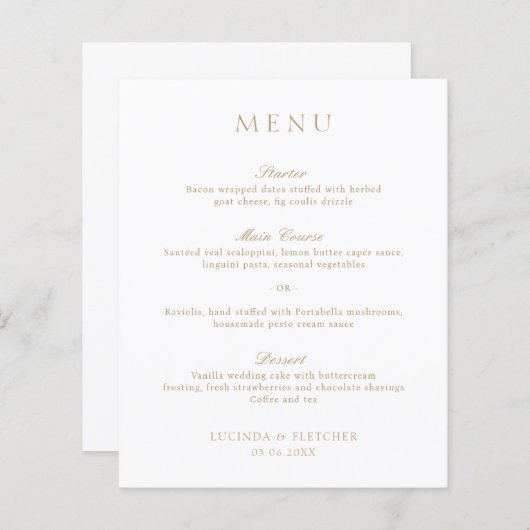 Élégant Classic Gold Formal Menu Mariage (Devant / Derrière)