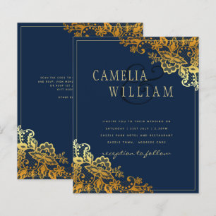 Elegant Classic Gold Lace Blue Wedding Invite