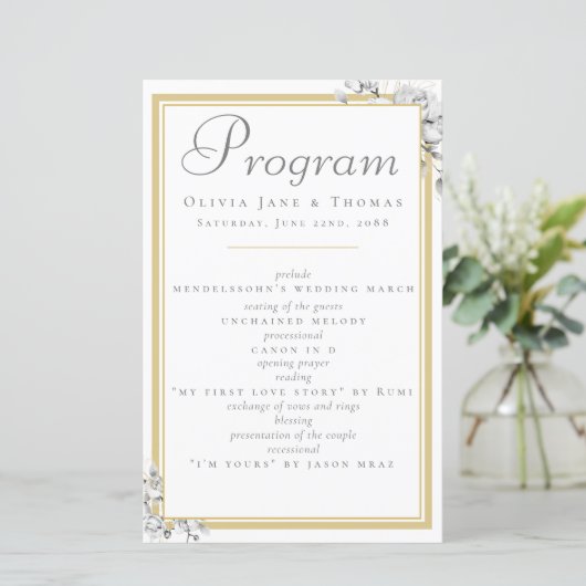 Elegant Classic Gold Lijst Floral Wedding Programm (Staand voorkant)