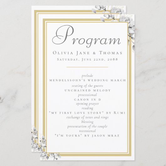 Elegant Classic Gold Lijst Floral Wedding Programm (Voorkant / Achterkant)