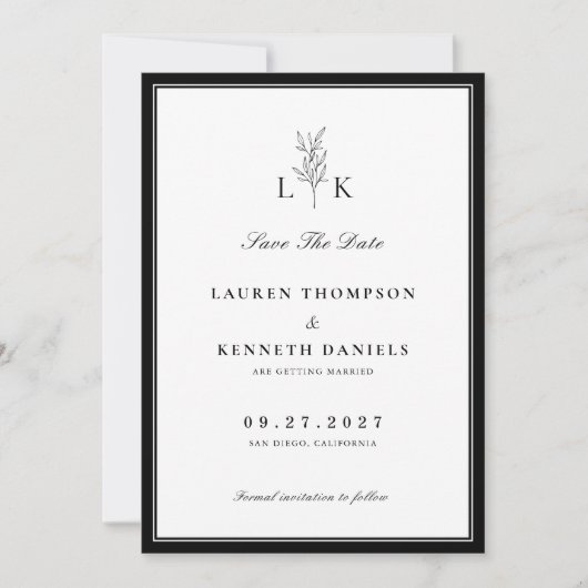Elegant Classic Leaf Monogram Bewaar de datum Kaart (Voorkant)