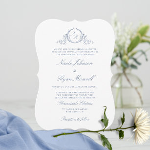 Elegant Classic Monogram Dusty Blue Wedding Kaart